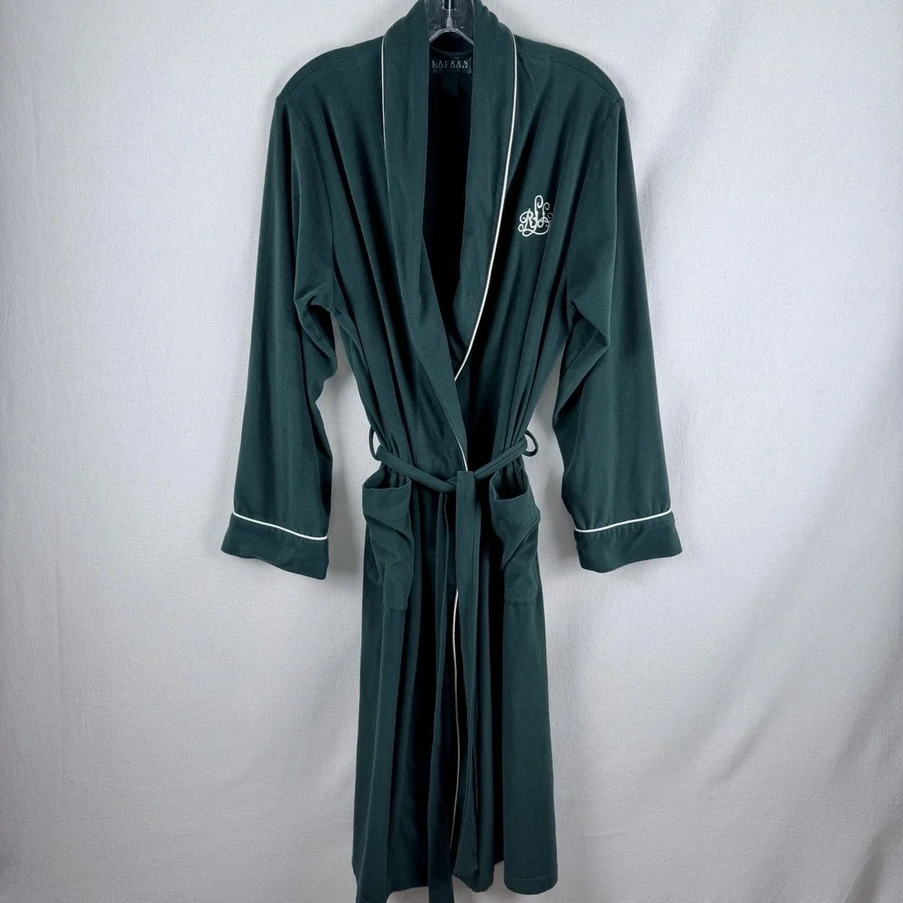 VTG Lauren Ralph Lauren Womens Robe Sz M Green W/ Embroidered Crest Old Money **